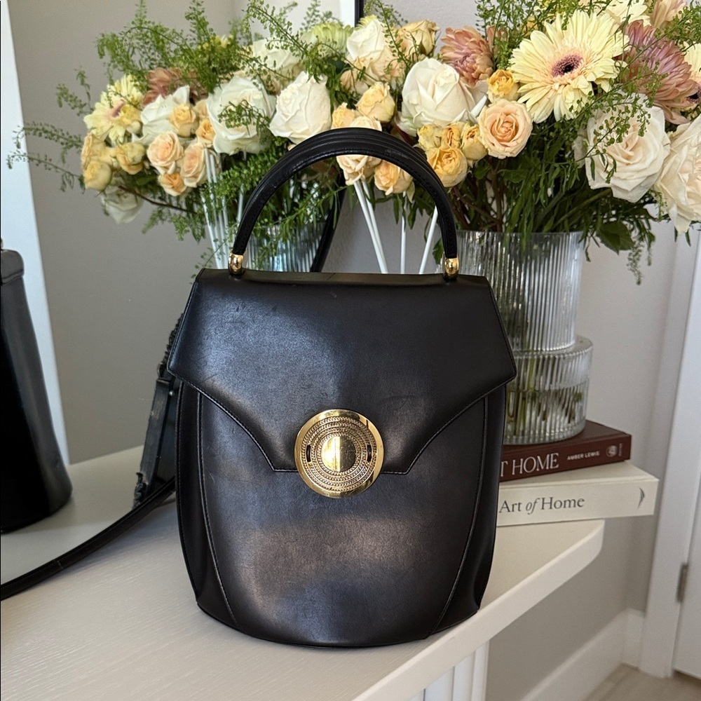 Bally Black Leather hand Bag with Gold Accents